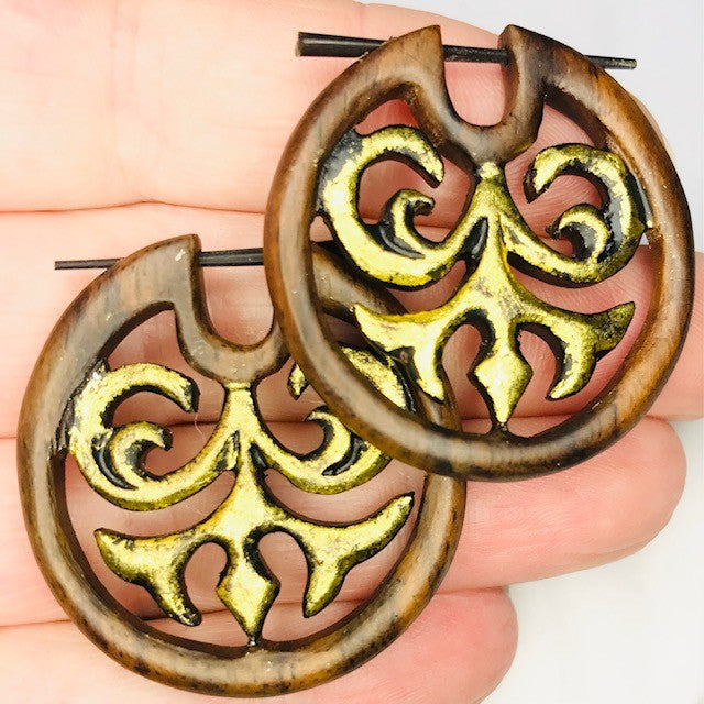 Rustic Gold Inset Wood Pin Earring Pair