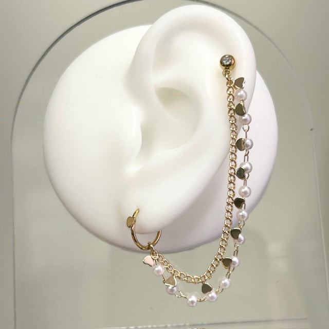 Pearl Heart Chain Ring & Cartilage Bar 18G